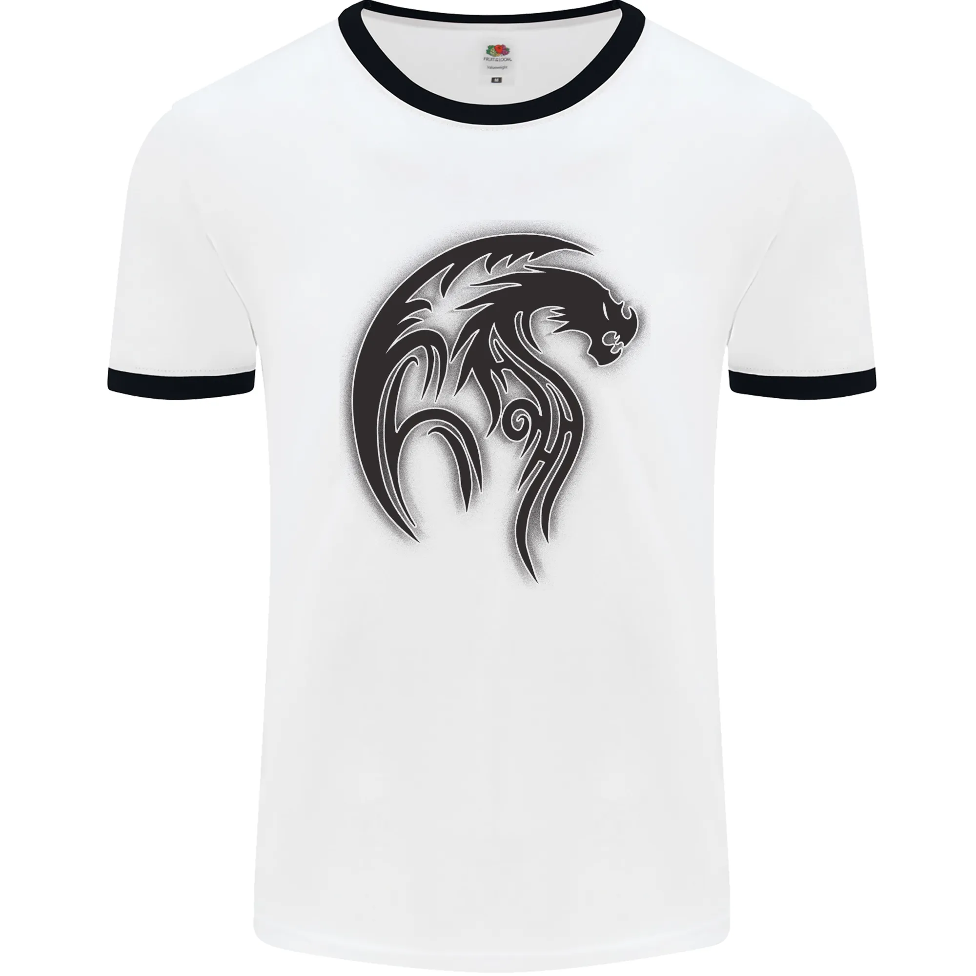 Black Tribal Tattoo Style Dragon Mens Ringer T-Shirt
