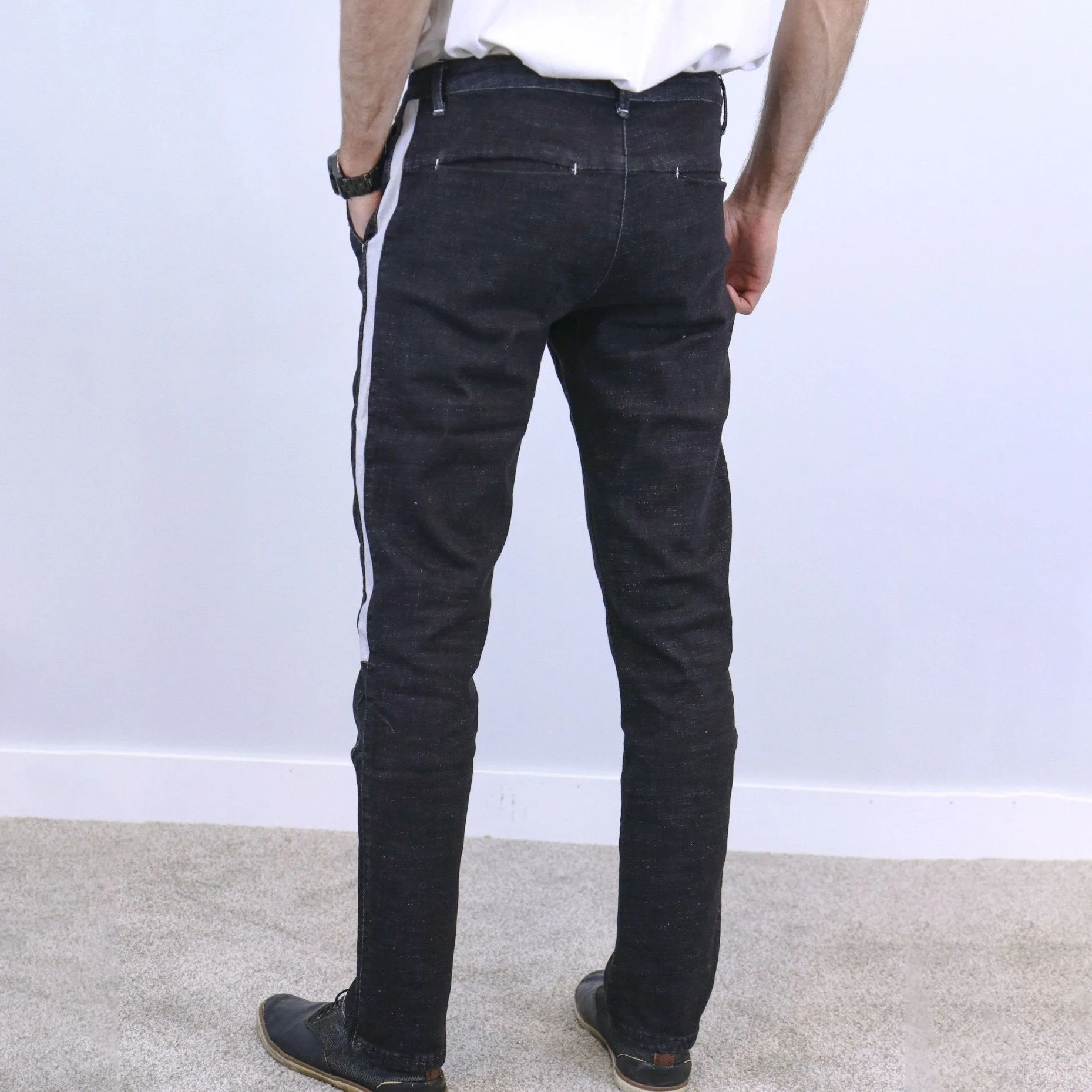 Black Vertical Strip Slim Fit Jogger Jeans For Men - Fashion Skinny Cotton Sweatpants Zipper with