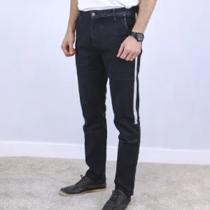 Black Vertical Strip Slim Fit Jogger Jeans For Men - Fashion Skinny Cotton Sweatpants Zipper with