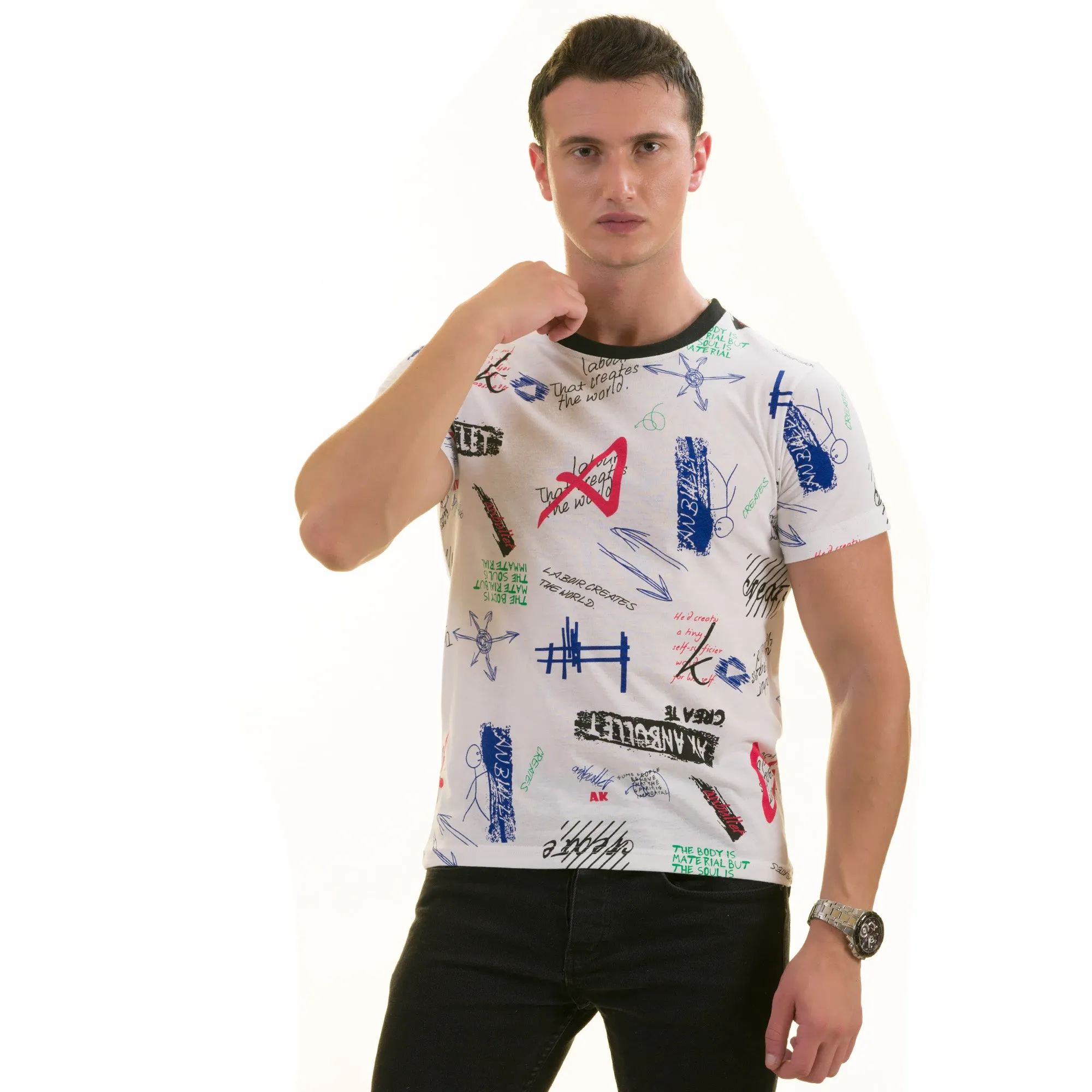 Black White Printed European Made Premium Quality T-Shirt - Crew Neck Short Sleeve T-Shirts