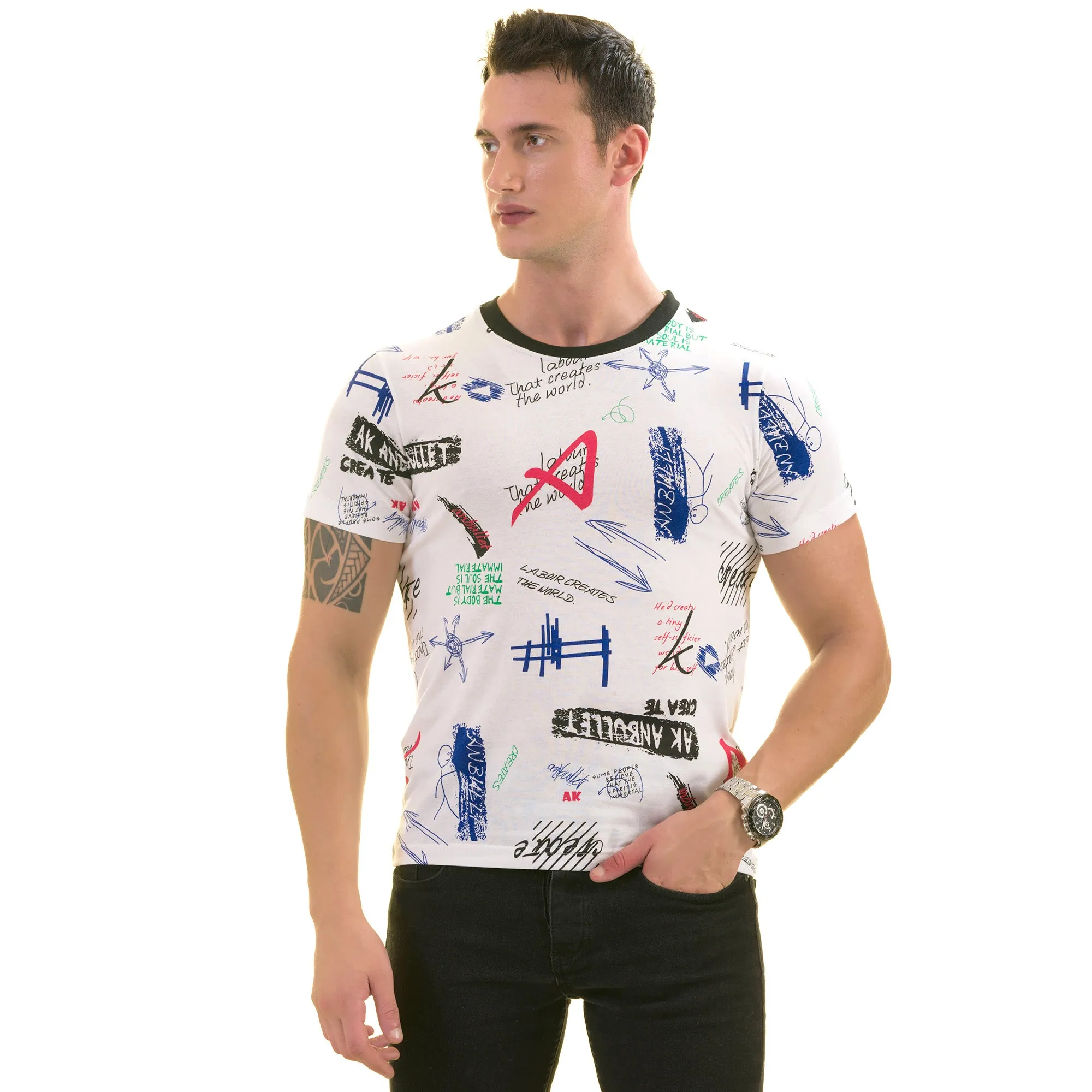 Black White Printed European Made Premium Quality T-Shirt - Crew Neck Short Sleeve T-Shirts