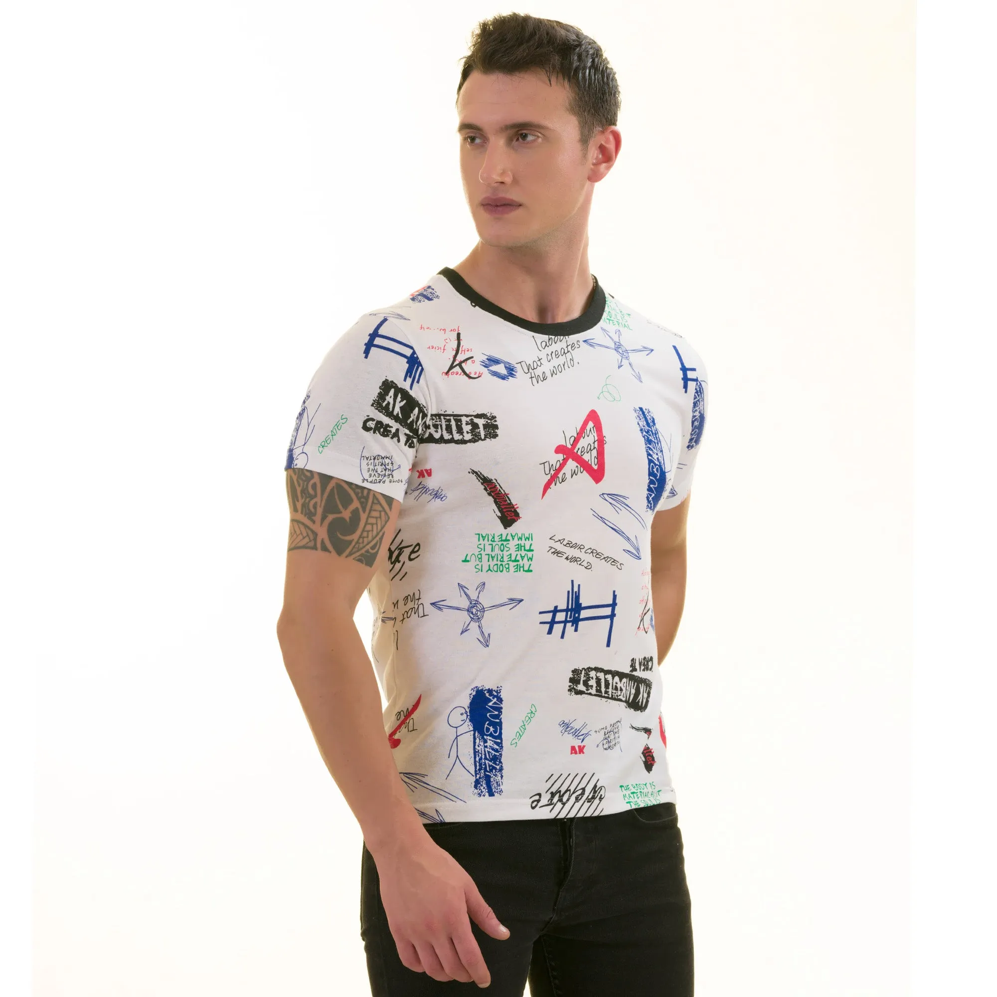 Black White Printed European Made Premium Quality T-Shirt - Crew Neck Short Sleeve T-Shirts