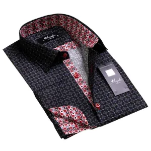 Black With Red Mens Slim Fit French Cuff Shirts with Cufflink Holes - Casual and Formal