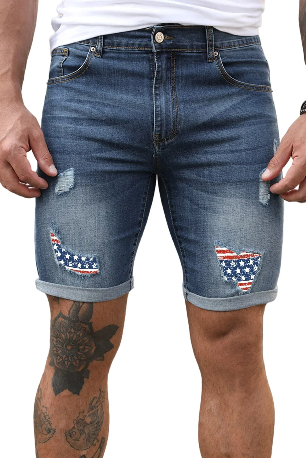 Blue American Flag Patchwork Muscle Fit Men's Denim Shorts