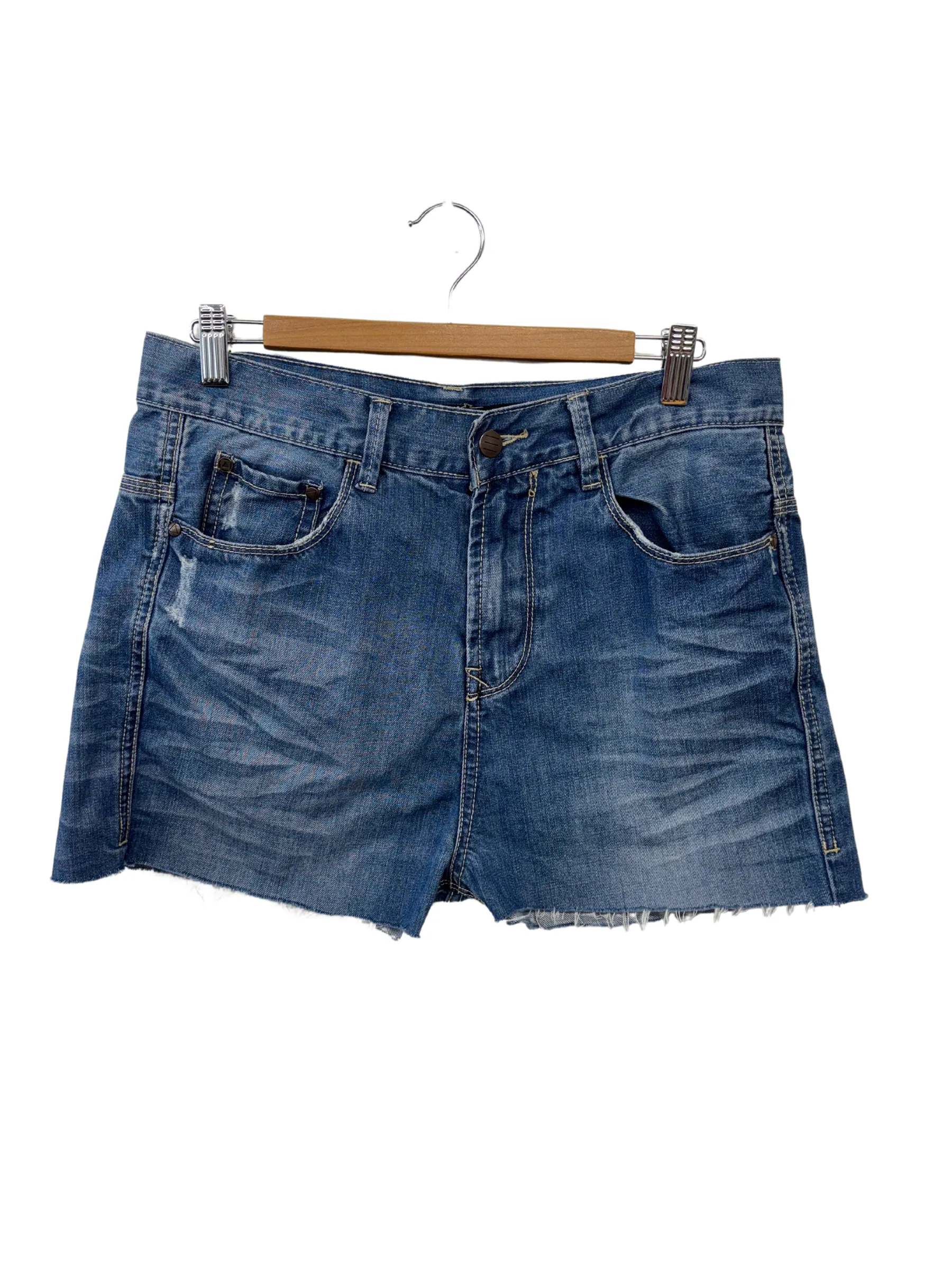 Blue Denim Highwaisted Raw Hem Distressed Shorts #3