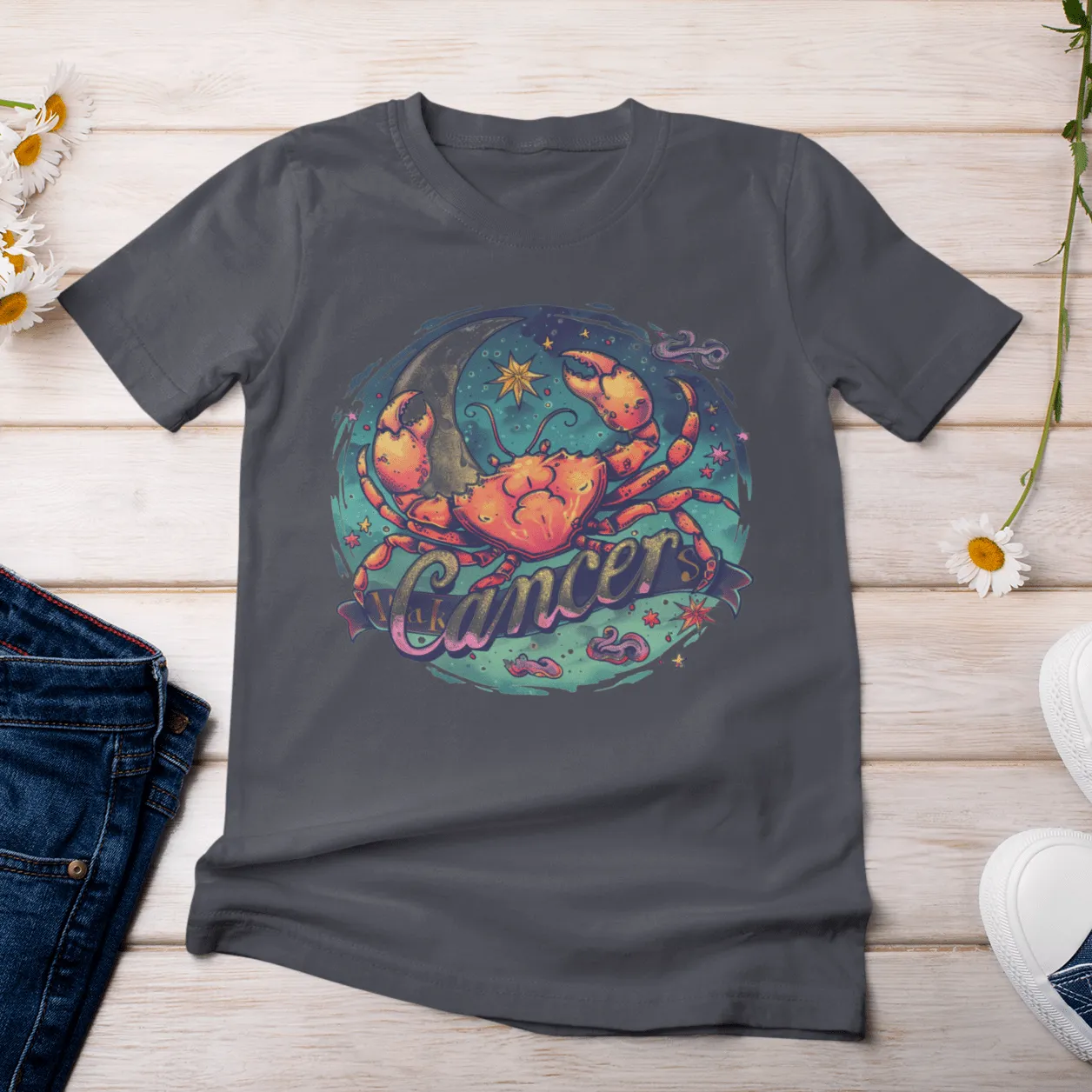 Cancer Zodiac Tattoo Art T-Shirt: Cosmic Crustacean Vibrance
