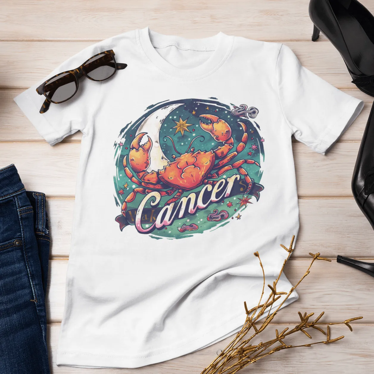 Cancer Zodiac Tattoo Art T-Shirt: Cosmic Crustacean Vibrance