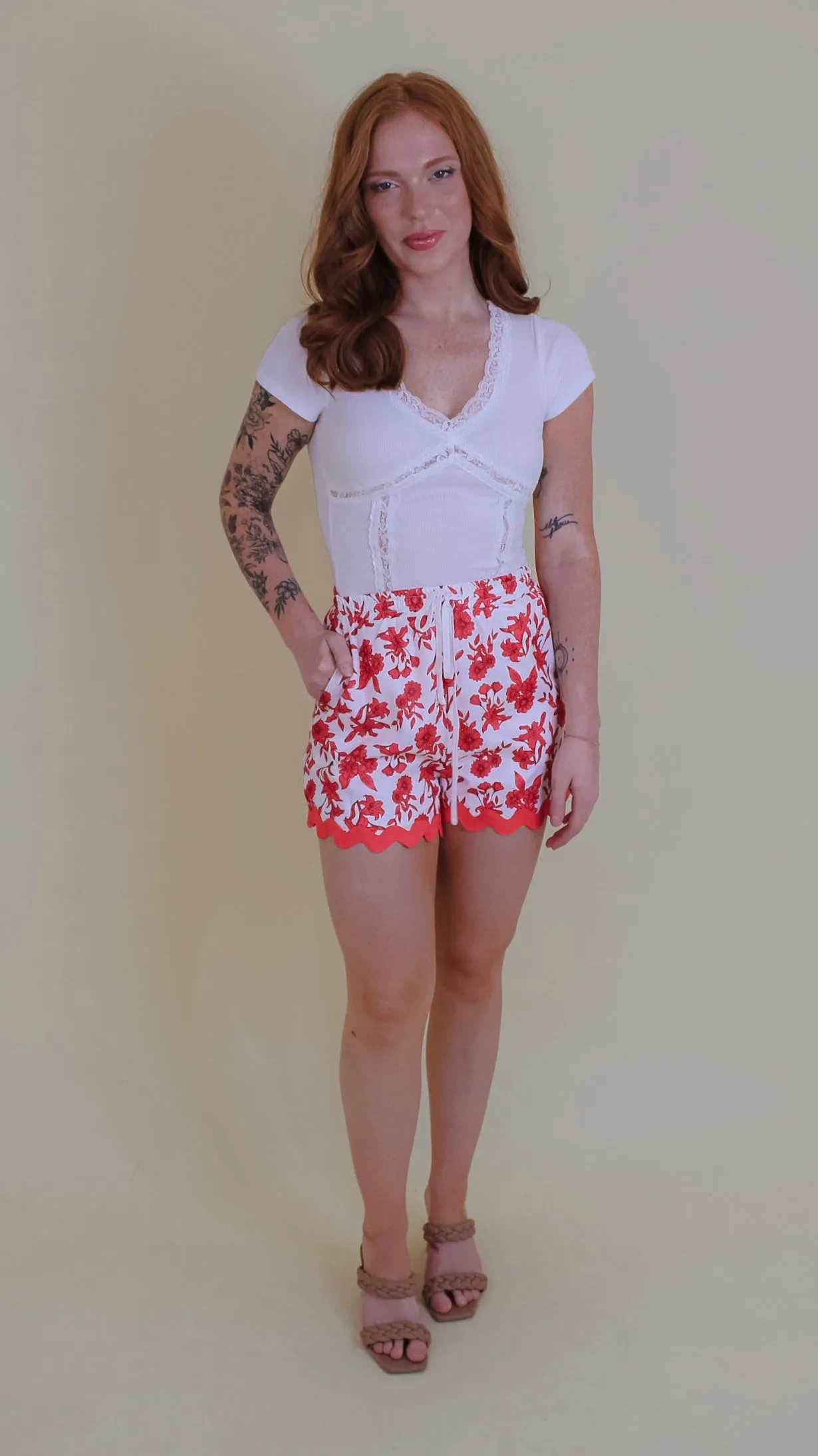 Charmer Red Floral Shorts