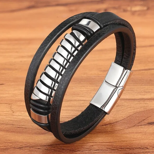 Cross Style Multi Layer Design Men's Leather Bracelet SJA