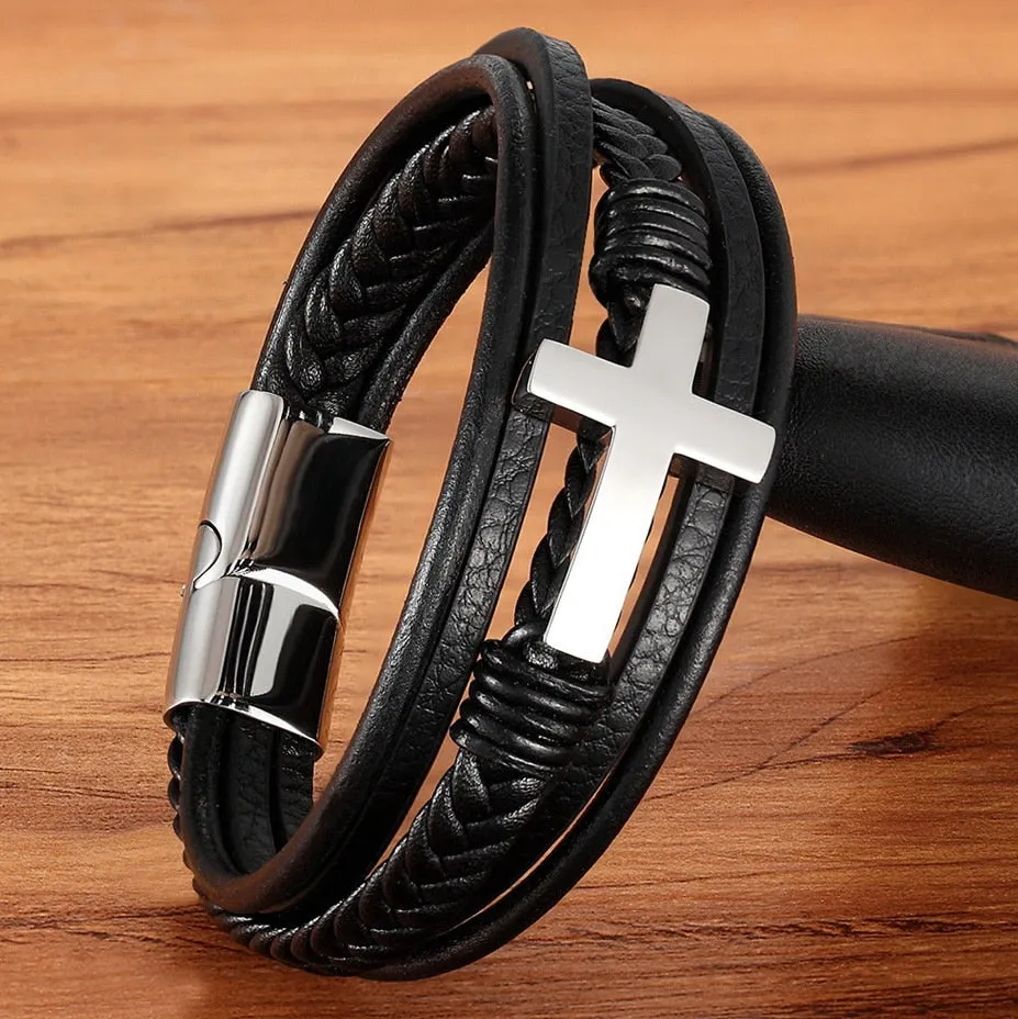 Cross Style Multi Layer Design Men's Leather Bracelet SJA