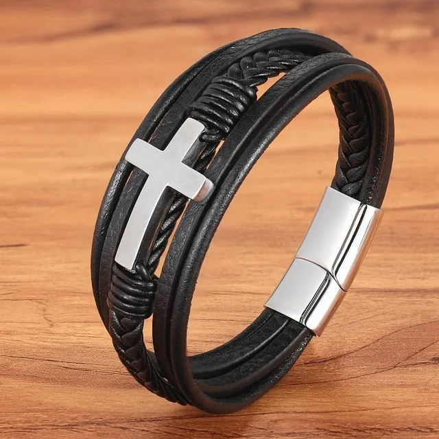 Cross Style Multi Layer Design Men's Leather Bracelet SJA