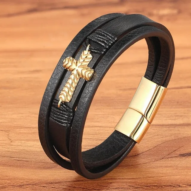 Cross Style Multi Layer Design Men's Leather Bracelet SJA