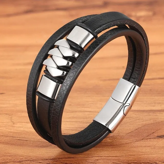 Cross Style Multi Layer Design Men's Leather Bracelet SJA