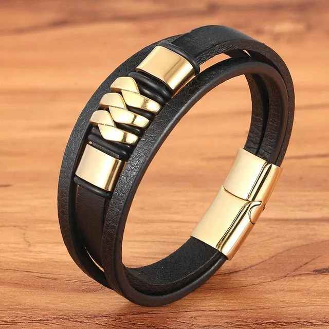 Cross Style Multi Layer Design Men's Leather Bracelet SJA