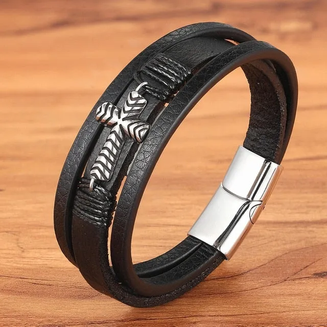Cross Style Multi Layer Design Men's Leather Bracelet SJA