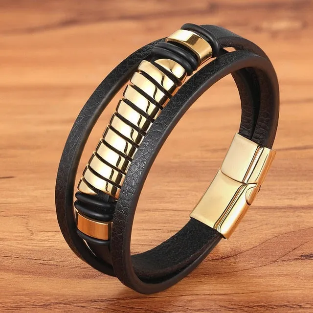 Cross Style Multi Layer Design Men's Leather Bracelet SJA