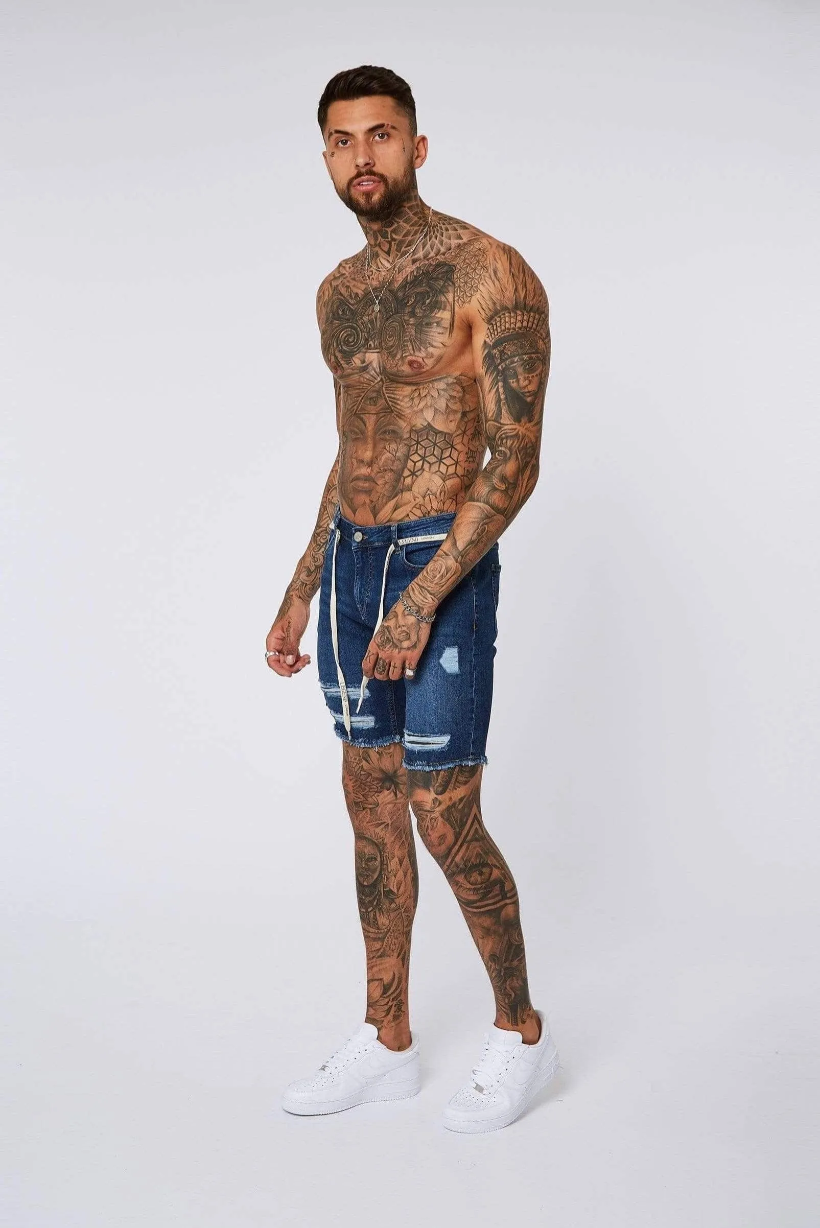 Dark Blue Denim Shorts - Ripped & Repaired