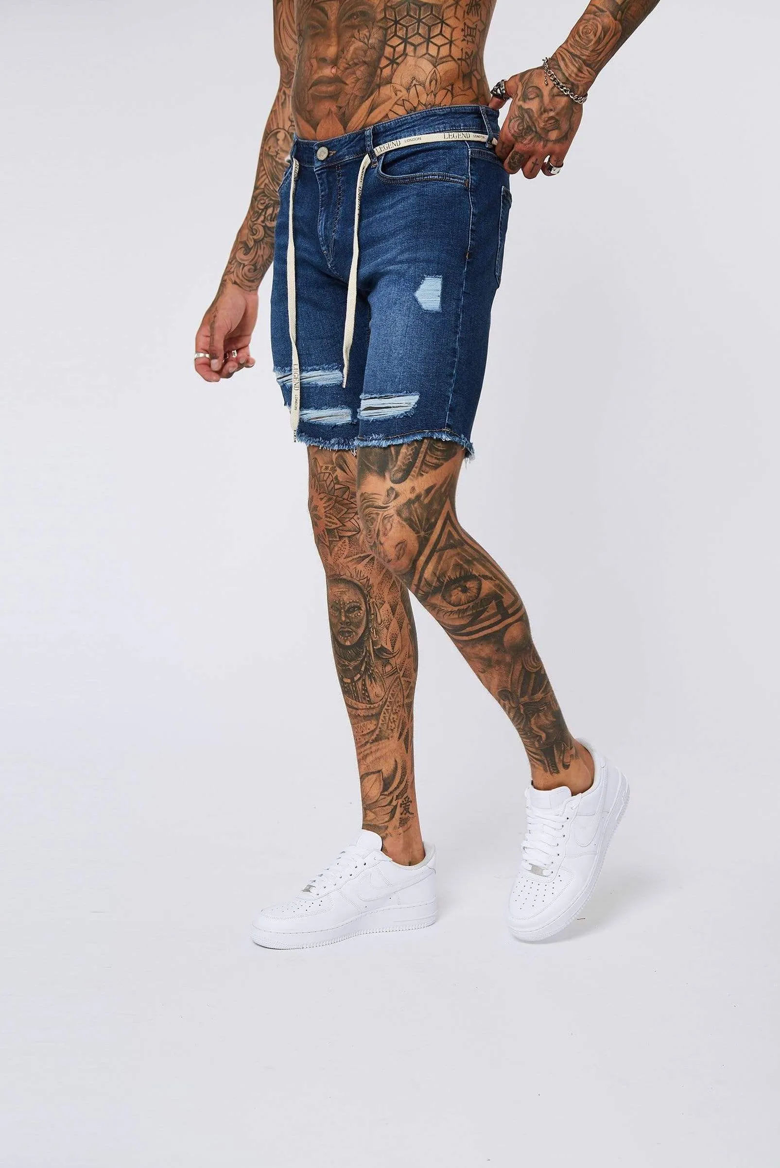 Dark Blue Denim Shorts - Ripped & Repaired