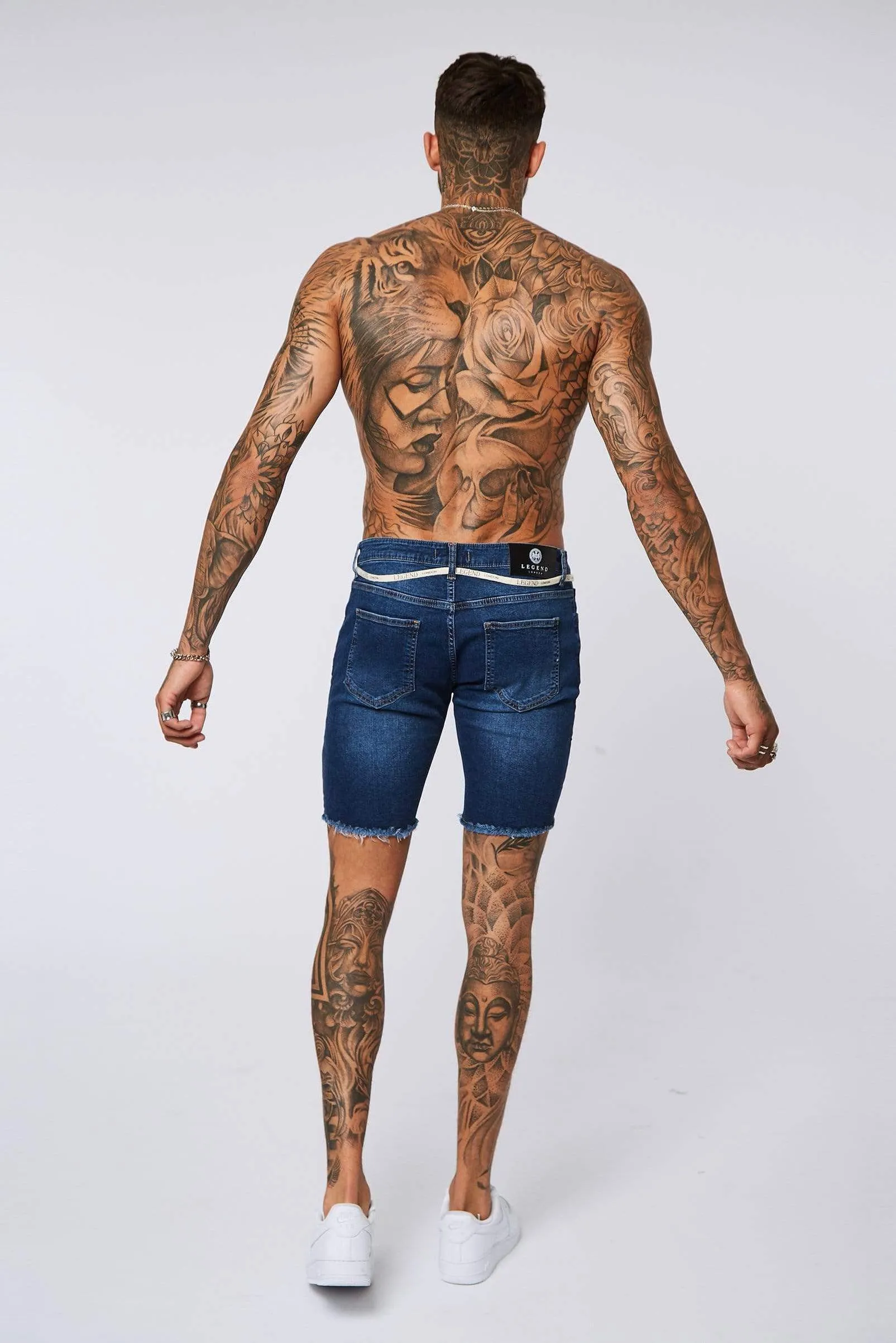 Dark Blue Denim Shorts - Ripped & Repaired