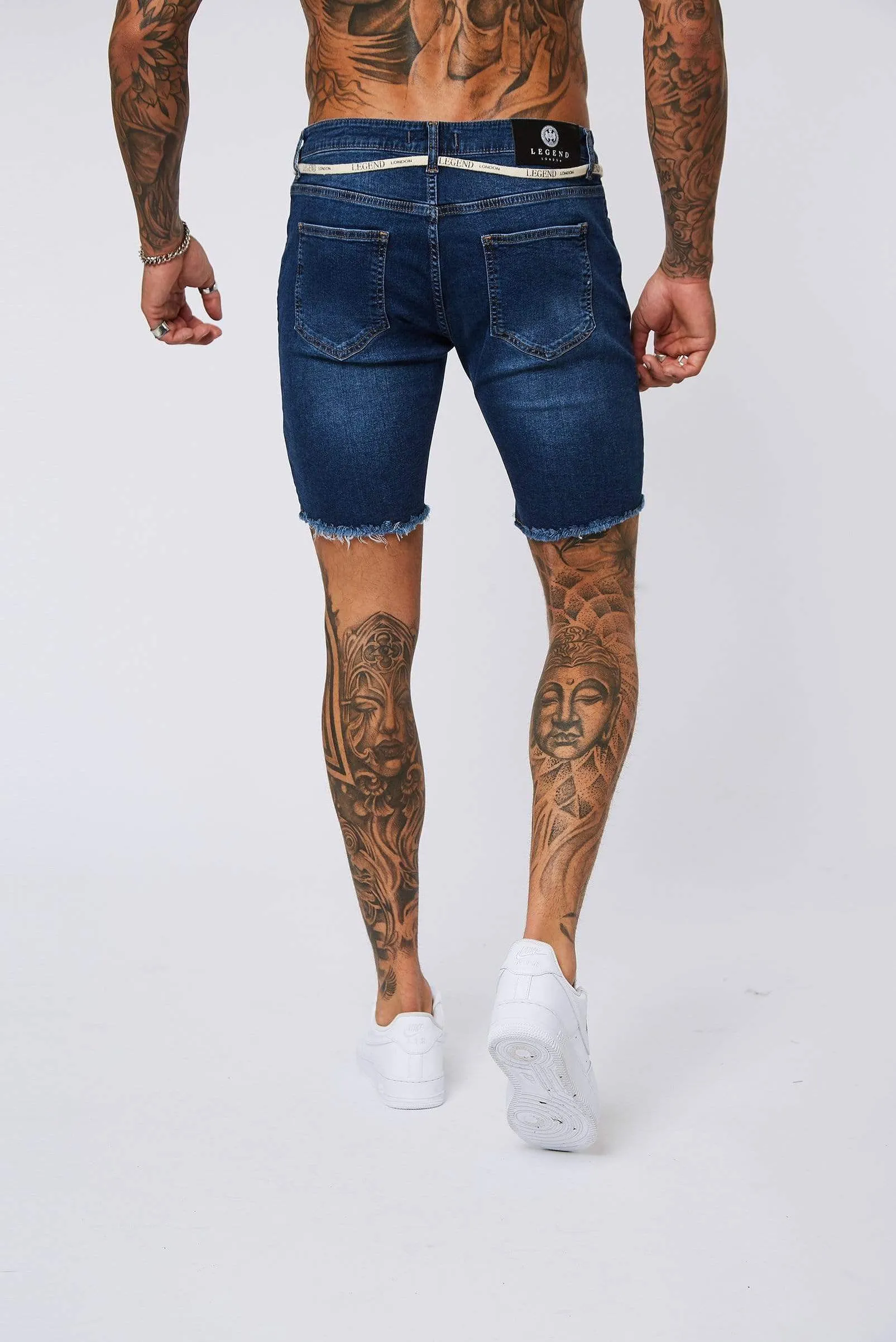 Dark Blue Denim Shorts - Ripped & Repaired