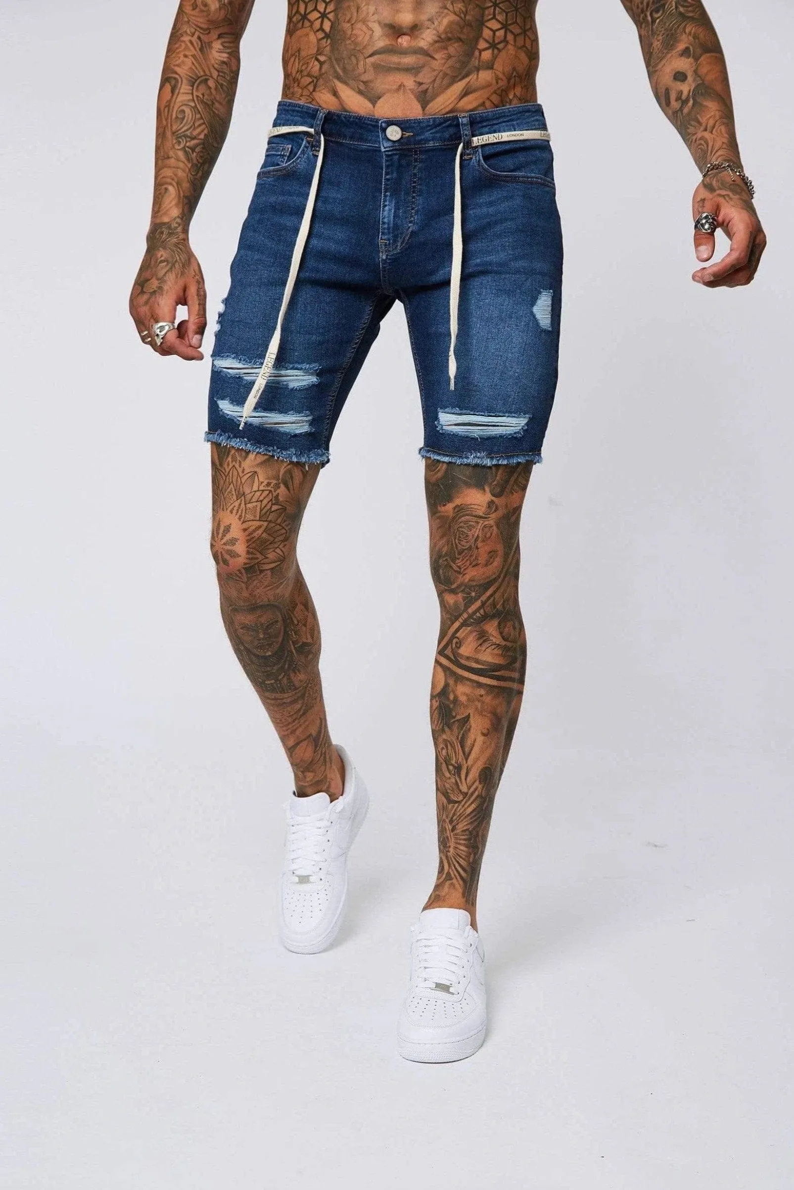 Dark Blue Denim Shorts - Ripped & Repaired