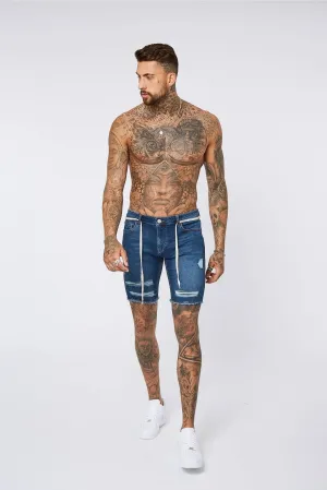 Dark Blue Denim Shorts - Ripped & Repaired