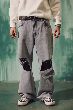 Distress Slit Washed Wide Pants
