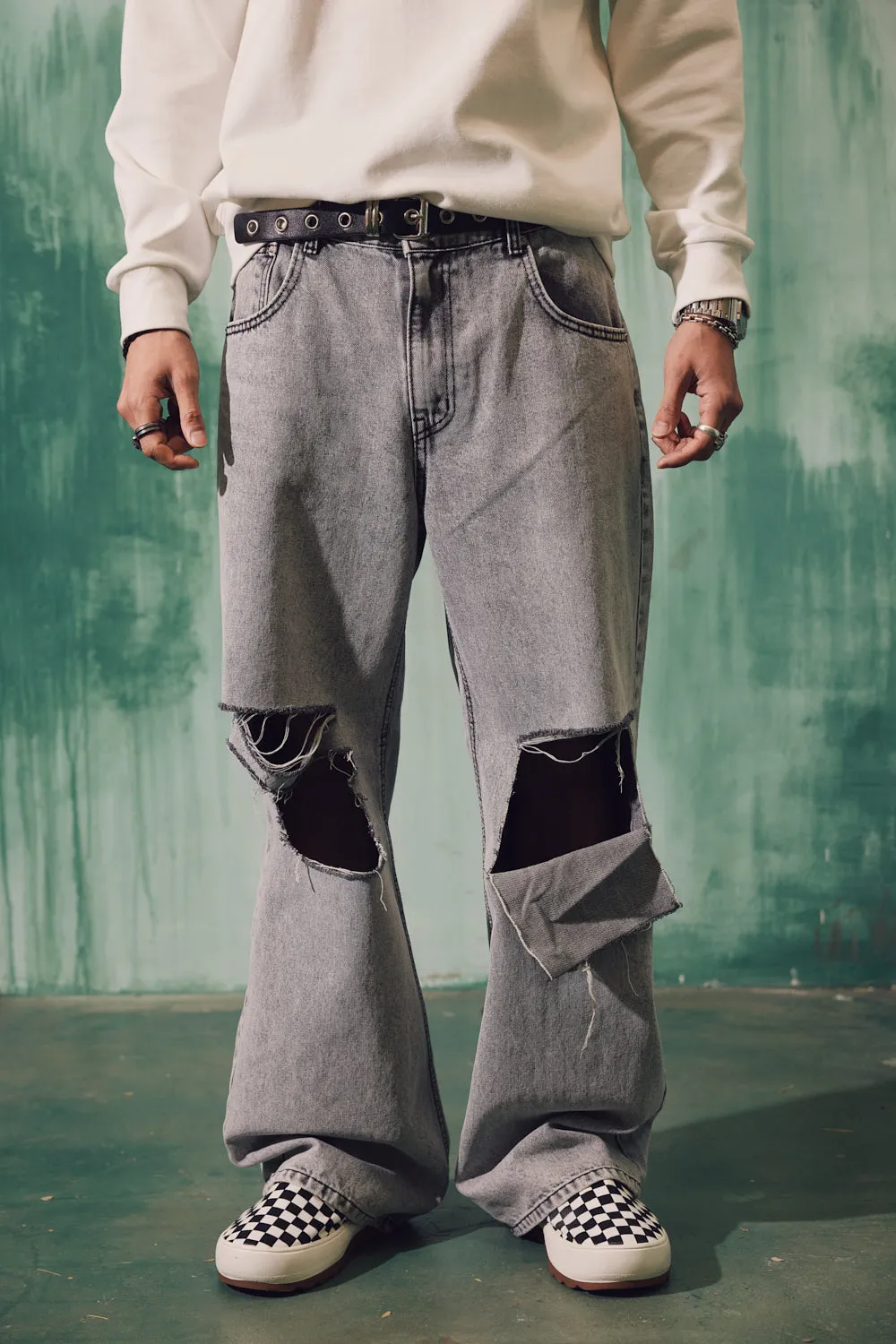 Distress Slit Washed Wide Pants