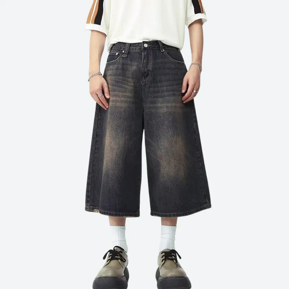 Distressed Wide-Leg Denim Shorts