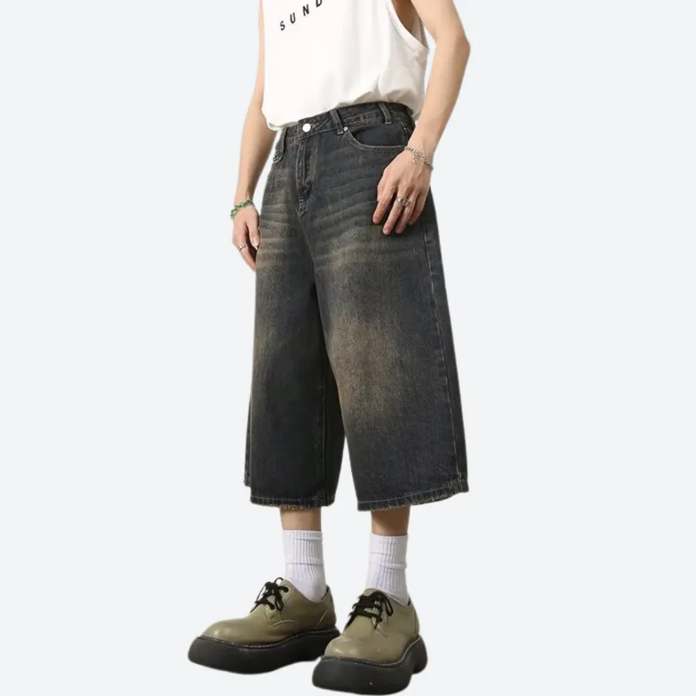 Distressed Wide-Leg Denim Shorts