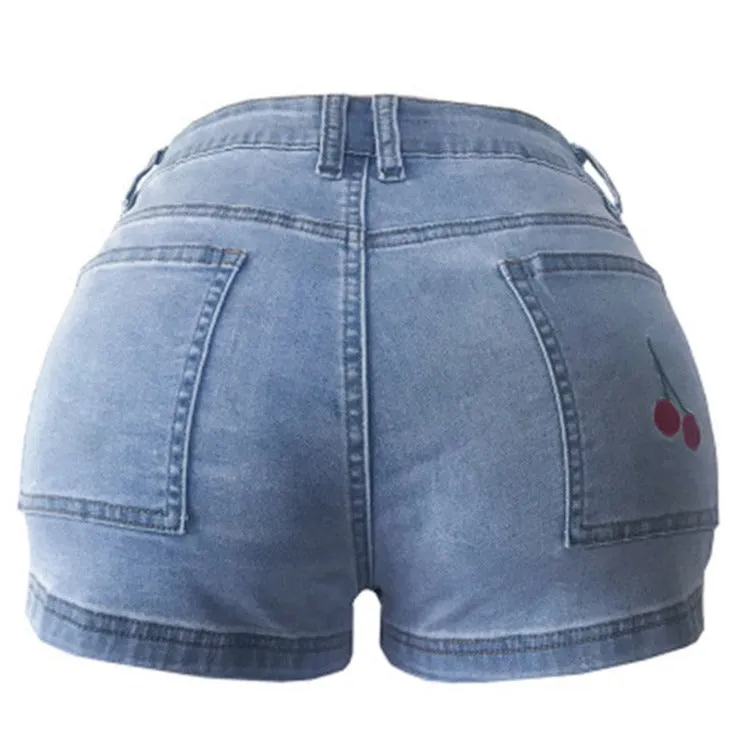 Embroidery Mid Waisted Stretchy Women's Denim Shorts