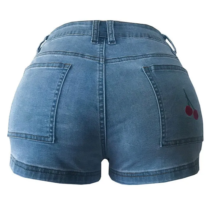 Embroidery Mid Waisted Stretchy Women's Denim Shorts