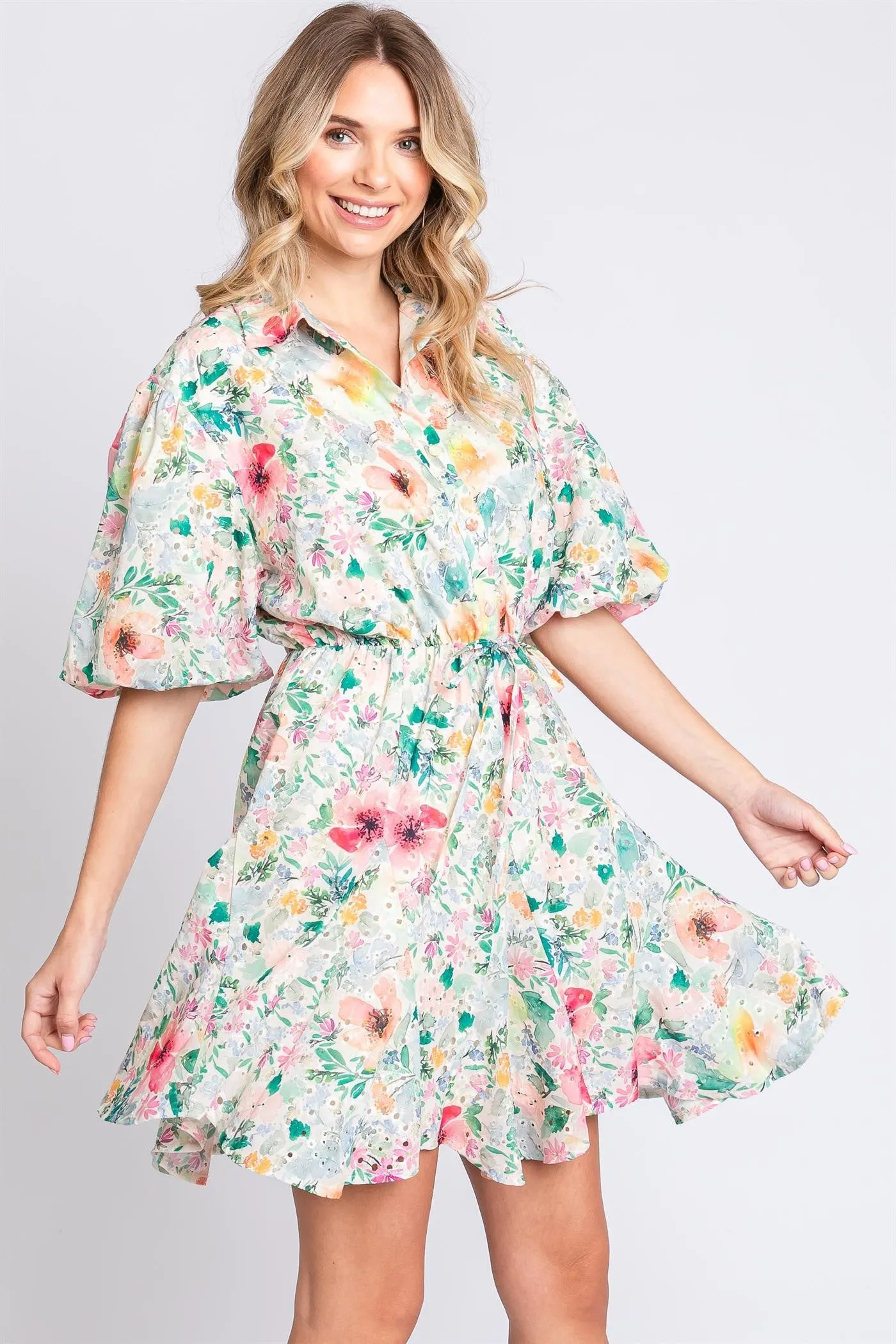 Eyelet Puff Sleeve Button-up Dress