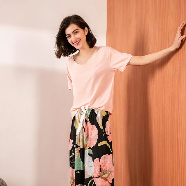 Floral Printed Pajama Sleepwear Female Casual V Neck Elastic Waist Nightwear Retro Women