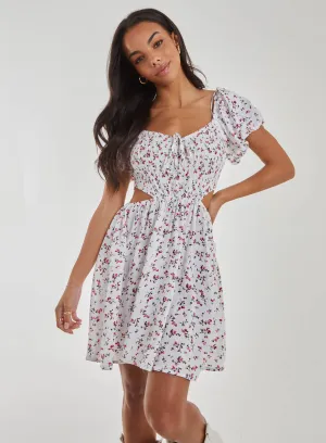 Floral Puff Sleeve Cut Out Dress