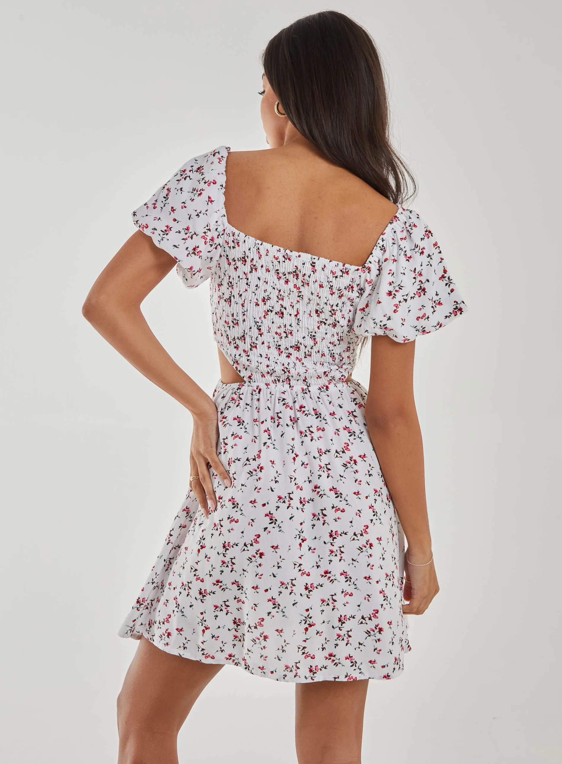 Floral Puff Sleeve Cut Out Dress