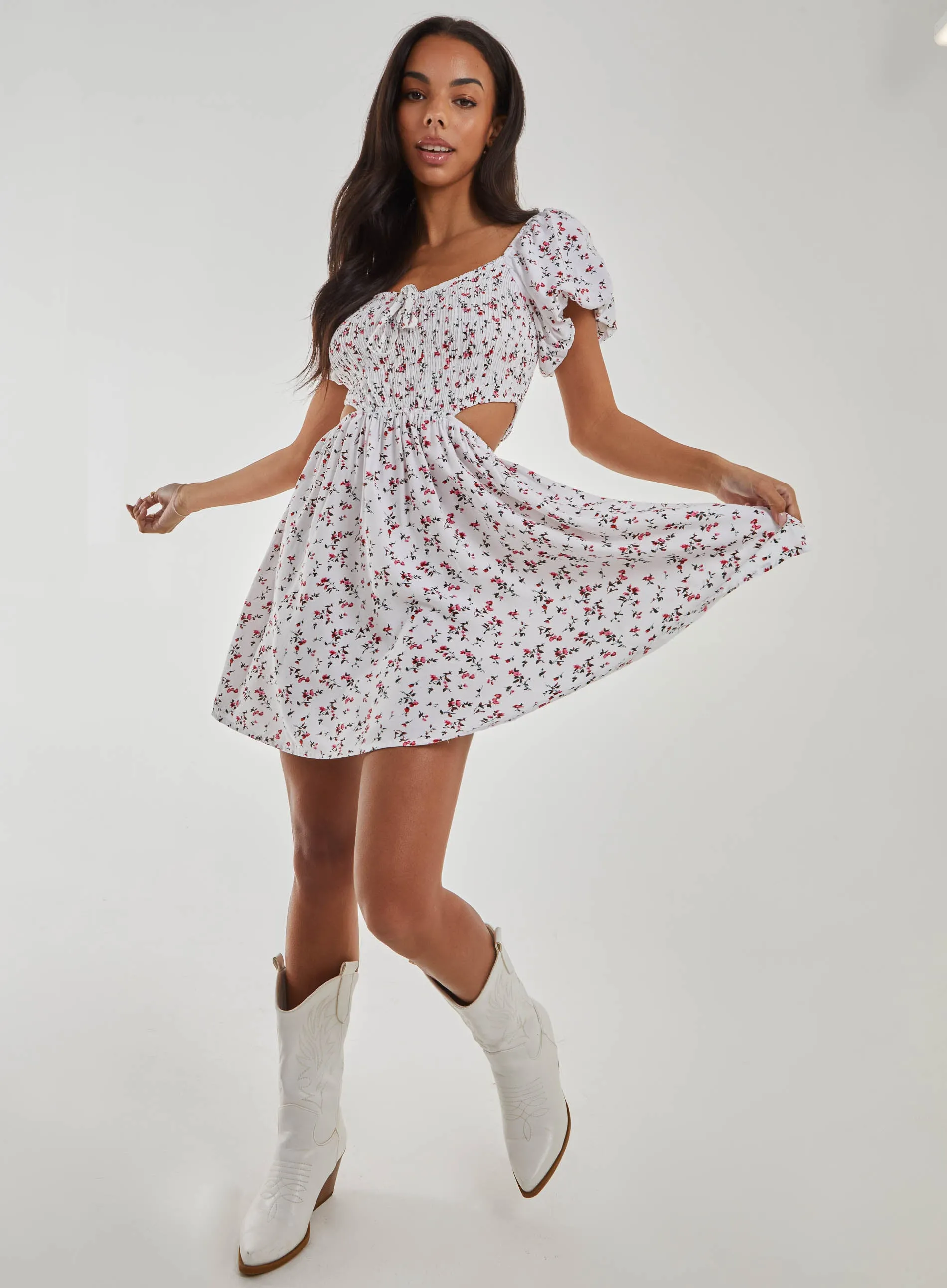 Floral Puff Sleeve Cut Out Dress