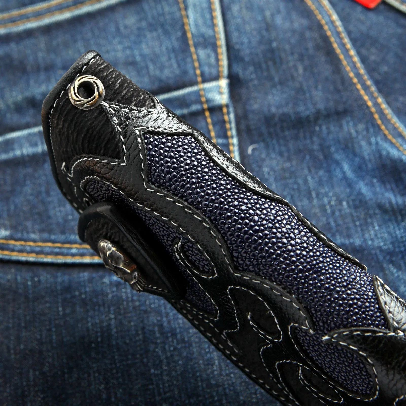 Genuine Navy Blue Stingray Leather Skull Men's Biker Wallet