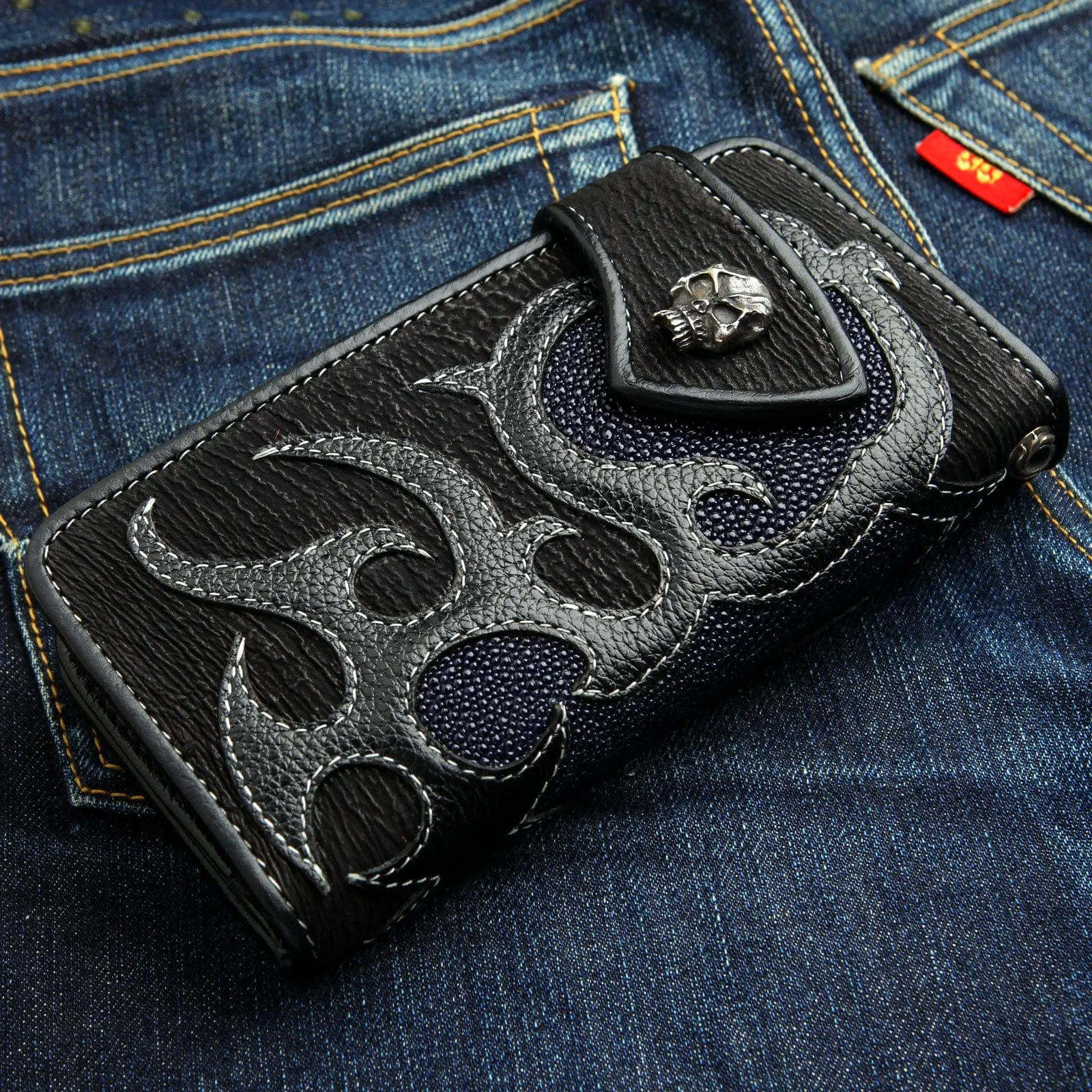 Genuine Navy Blue Stingray Leather Skull Men's Biker Wallet