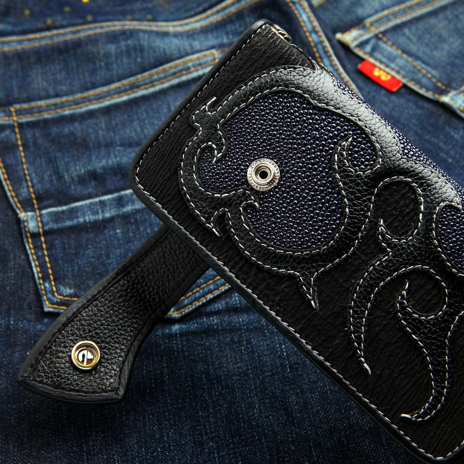 Genuine Navy Blue Stingray Leather Skull Men's Biker Wallet