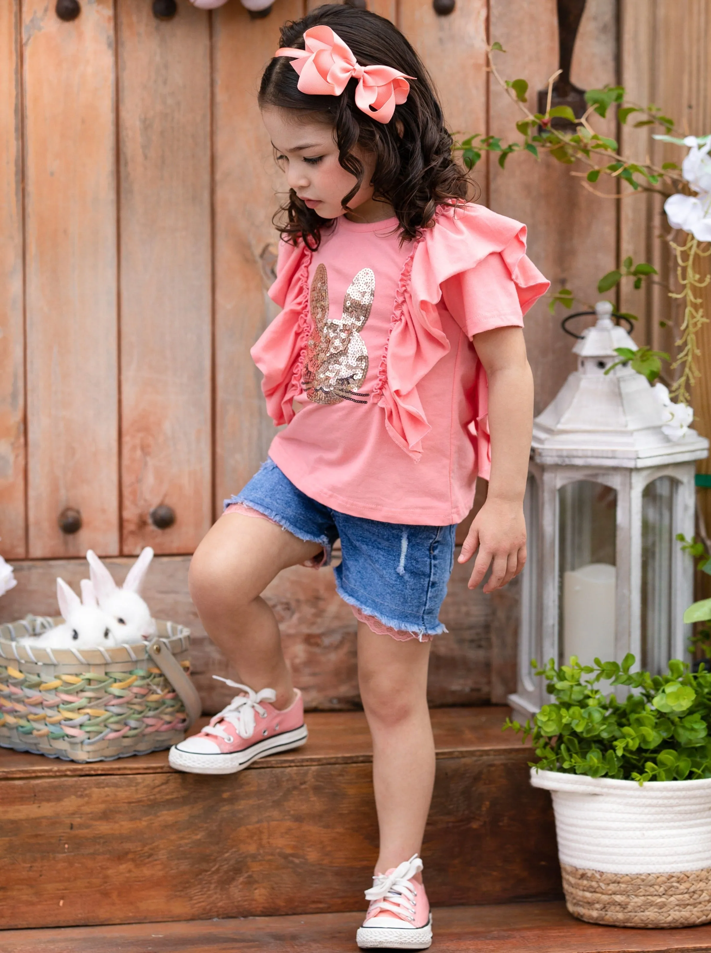 Glitter Bunny Denim Shorts Set