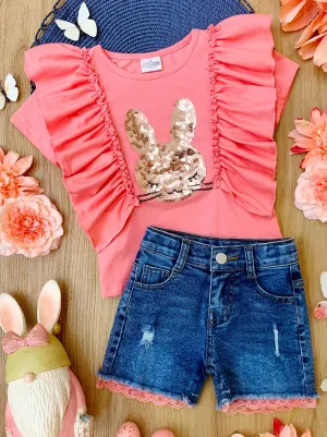 Glitter Bunny Denim Shorts Set