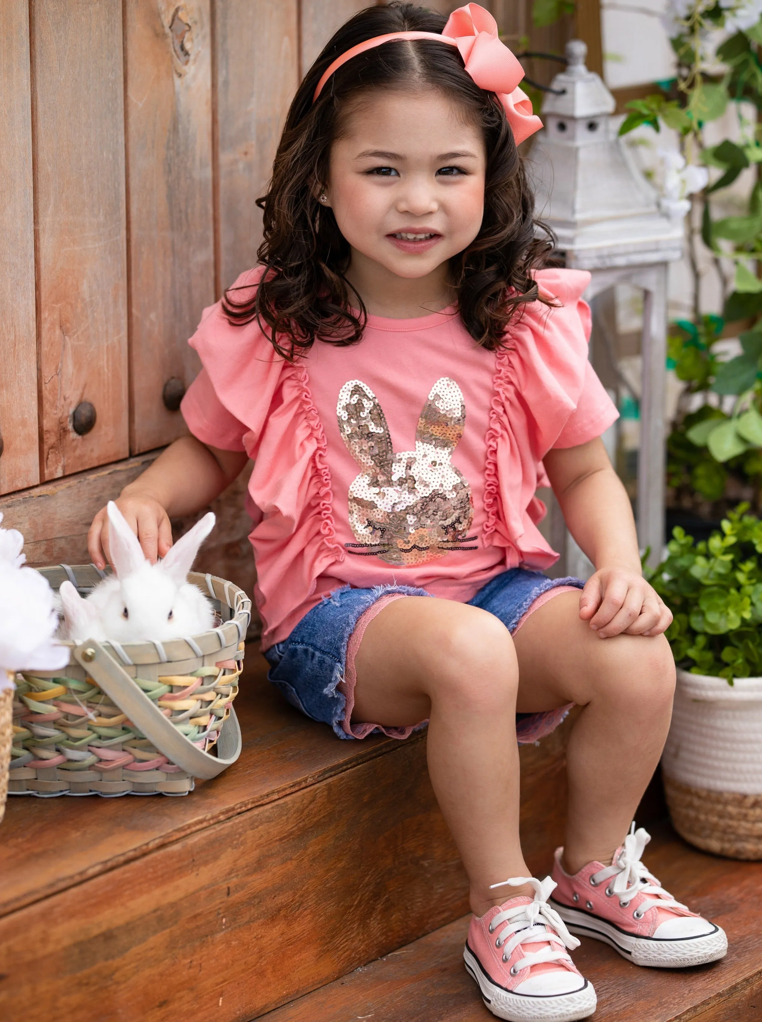 Glitter Bunny Denim Shorts Set