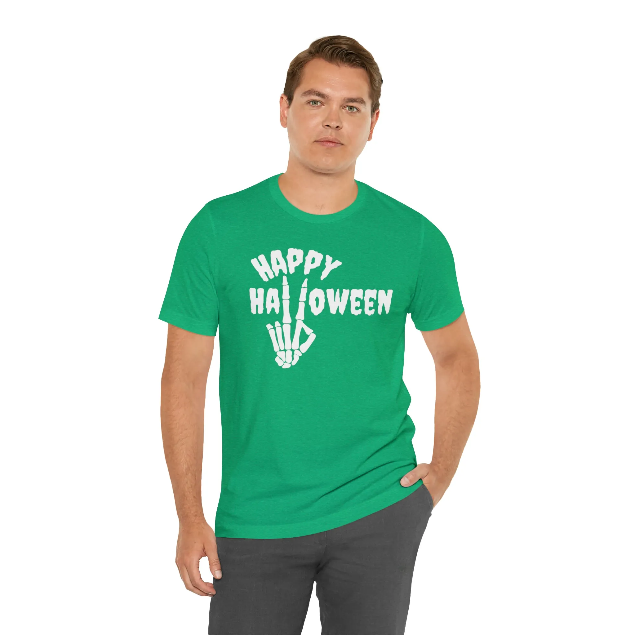Happy Halloween T-Shirt | Skeleton Peace Sign Tee |  Bella Canvas 3001Unisex | Funny Short Sleeve Tshirt