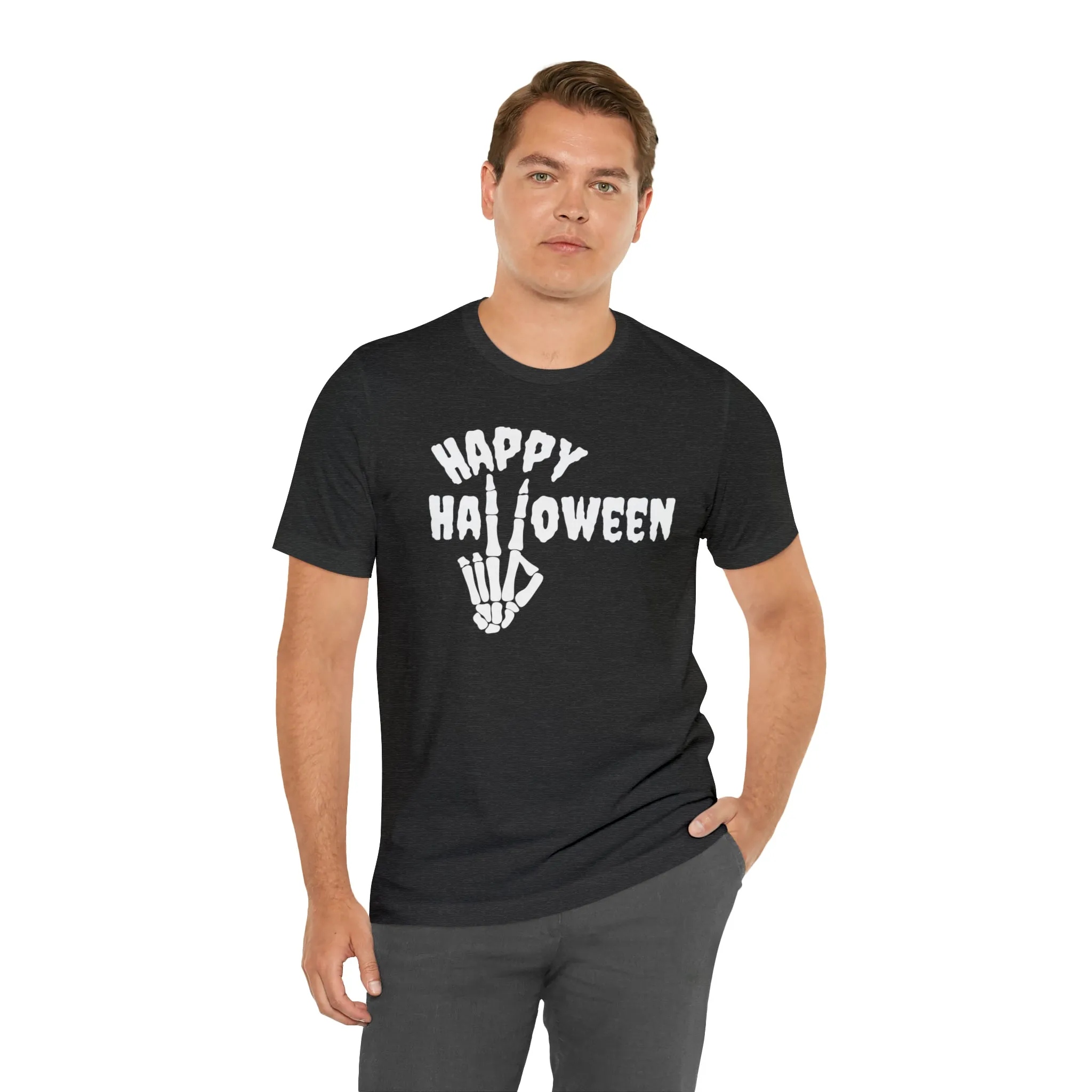 Happy Halloween T-Shirt | Skeleton Peace Sign Tee |  Bella Canvas 3001Unisex | Funny Short Sleeve Tshirt