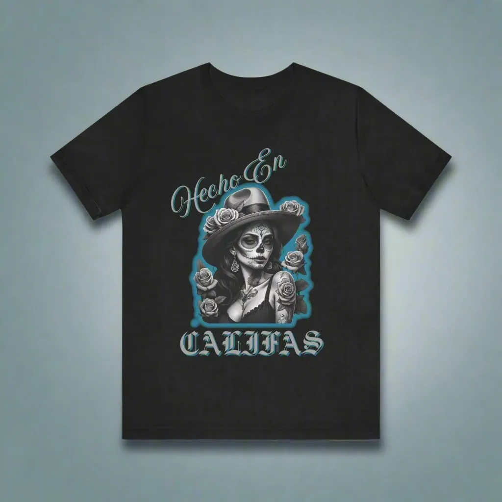 Hecho En Califas, California Pride Unisex Tee with Girl in Fedora Design
