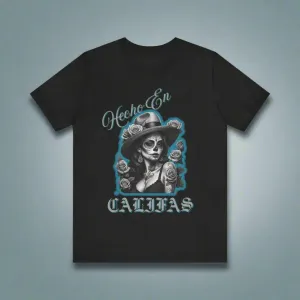 Hecho En Califas, California Pride Unisex Tee with Girl in Fedora Design