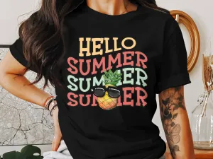 Hello Summer Pineapple T-Shirt, Cute Tropical Fruit Tee, Beach Vacation Shirt, Sunglasses Pineapple Graphic Top, Unisex Apparel