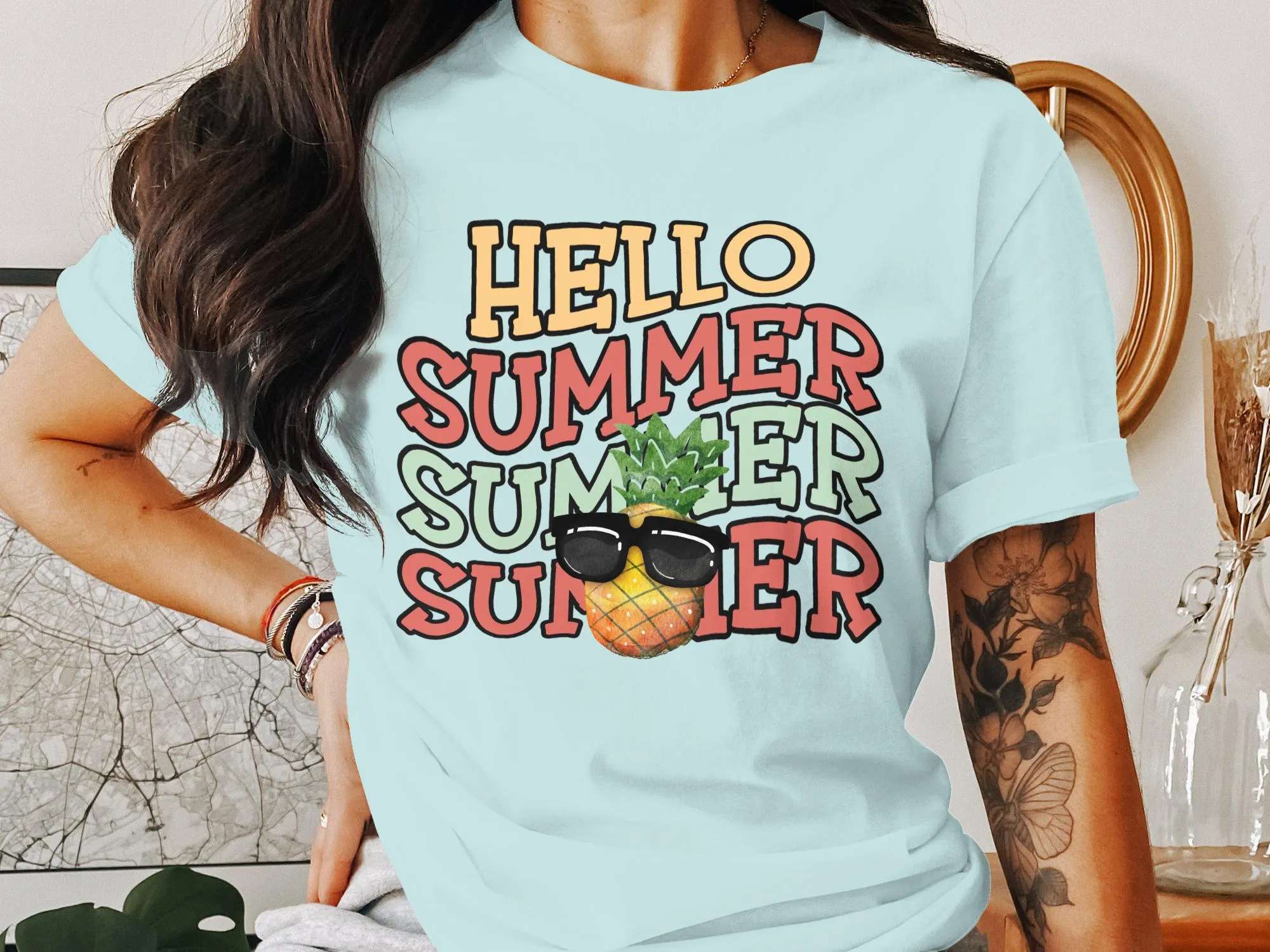 Hello Summer Pineapple T-Shirt, Cute Tropical Fruit Tee, Beach Vacation Shirt, Sunglasses Pineapple Graphic Top, Unisex Apparel