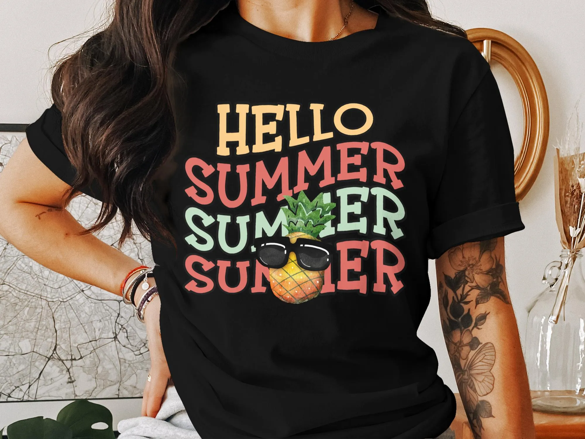 Hello Summer Pineapple T-Shirt, Cute Tropical Fruit Tee, Beach Vacation Shirt, Sunglasses Pineapple Graphic Top, Unisex Apparel